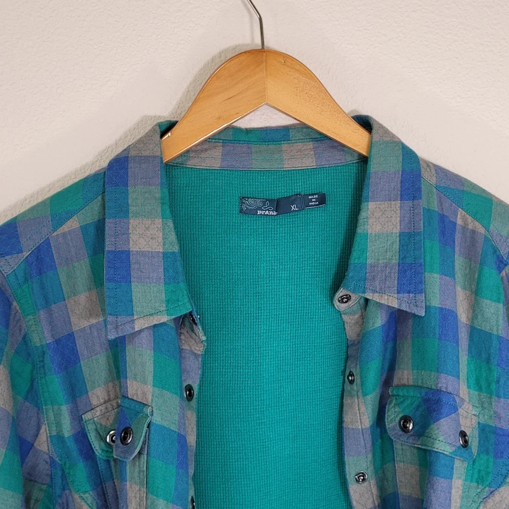 XL Prana Plaid Shacket 100% Organic Cotton Waffle Knit Lining Teal Green & Blue - Picture 13 of 16